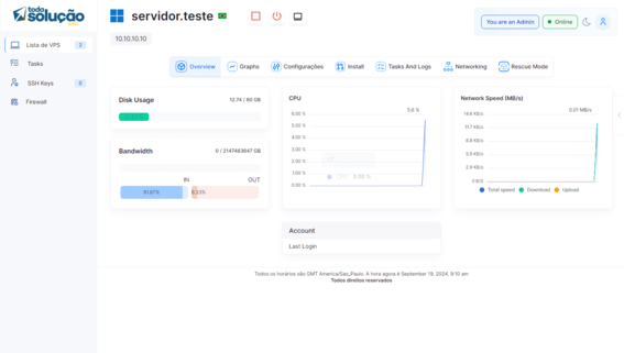 Painel do VPS mostrando monitoramento e gerenciamento de recursos